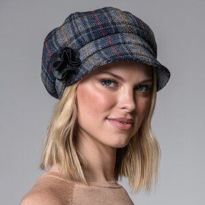 New Women's Wool Newsboy Hat Navy Gray Check (Made in Ireland)